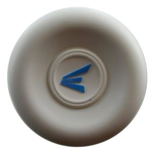 Top-down view of a white softball bat end cap with a blue Easton logo.