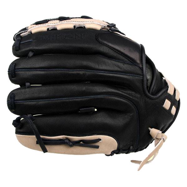 Side view of a black fastpitch glove with tan accents and MIKEN embossed on the wrist strap.