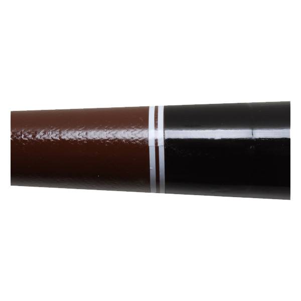 Side view of a brown and black baseball bat with two white stripes.