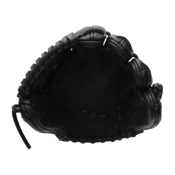 Top-down view of a black baseball glove with stitched finger stalls and a large pocket.