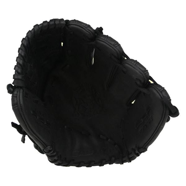 Top-down view of a black baseball glove with a deep pocket and lacing detail.