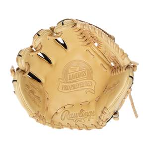 Front view of a tan baseball glove with Rawlings Pro Preferred branding and tan lacing.
