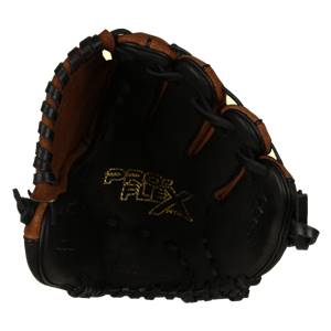 Top-down view of a black baseball glove with brown lacing and gold PRO FLEX text.