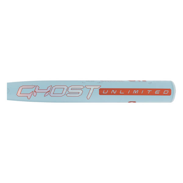 Side view of a light blue fastpitch softball bat with GHOST in large outlined red text and UNLIMITED in solid red letters.