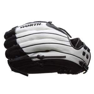 Side view of a black and white softball glove with WORTH logo and stitched finger stalls.