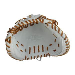 Inside view of a white catchers mitt with brown lacing and PROFESSIONAL - Softball Collection text.