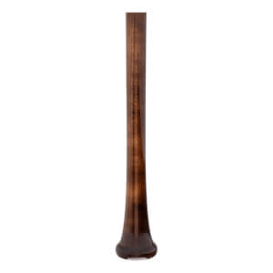 Close-up of the knob of a dark brown maple baseball bat with a smooth, glossy finish.