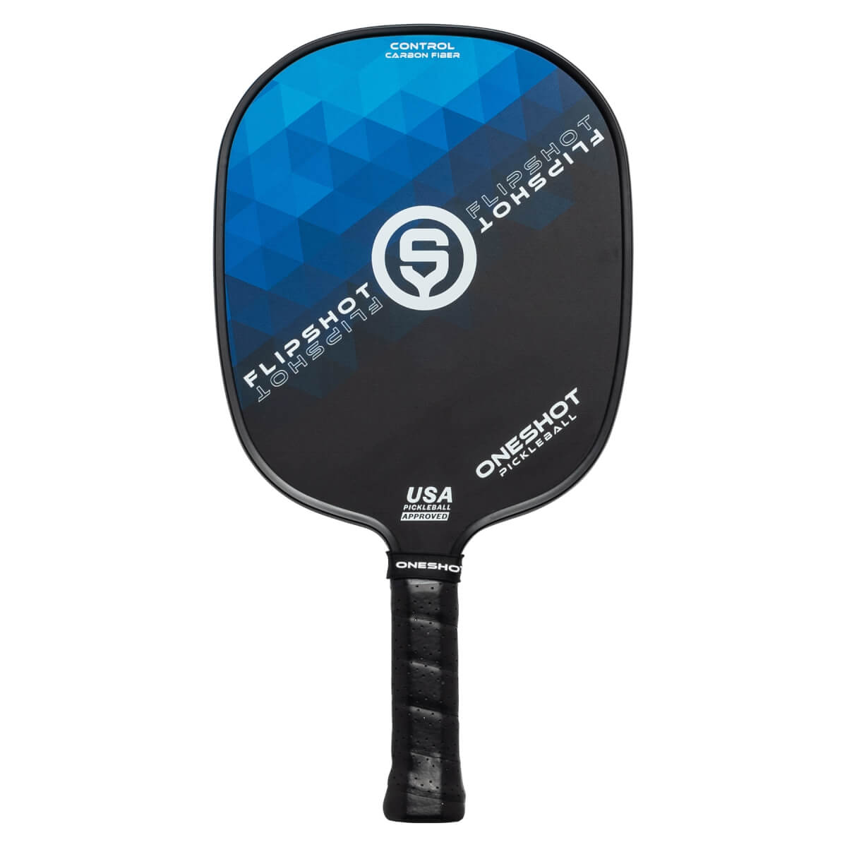 Front view of a black pickleball paddle with blue geometric design, FLIPSHOT text, and USA PICKLEBALL APPROVED label.
