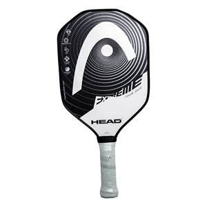 Front view of a white and black pickleball paddle with HEAD logo and EXTREME TOUR MAX text.