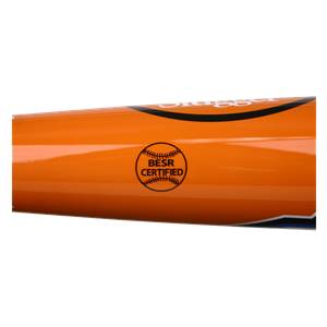 Side view of an orange baseball bat with a black BESR CERTIFIED logo and partial SLUGGER text.