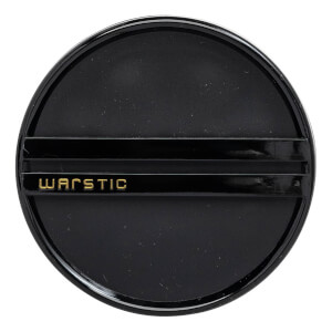 Top-down view of a circular black end cap featuring two parallel horizontal ridges across the center with the word 'WARSTIC' in gold lettering on the lower ridge.