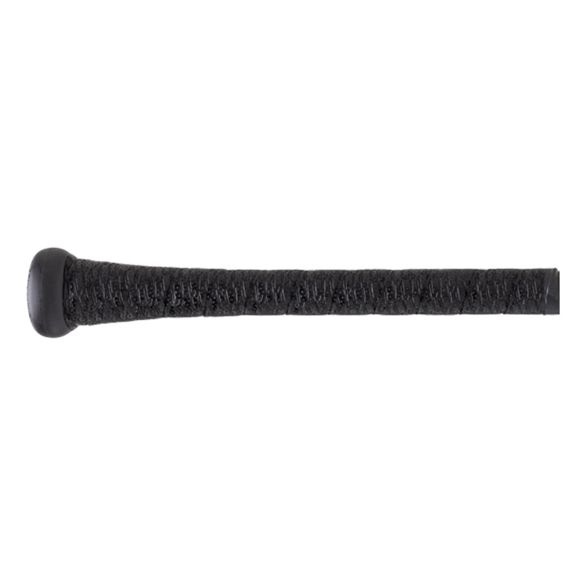 Close-up side view of the baseball bat's handle, showing a black textured grip wrap and a smooth black knob at the base.