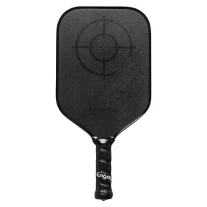 Front view of a black pickleball paddle with a target design and Engage branding on the grip.