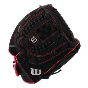 Top-down view of a black fastpitch glove with pink stitching and two Wilson logos.