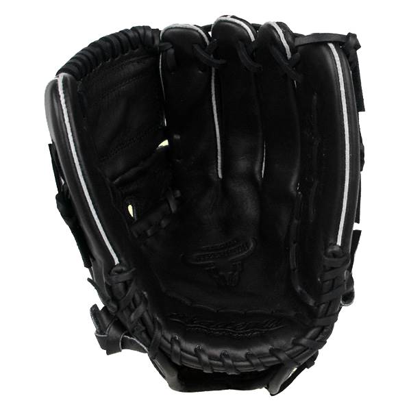 Front view of a black baseball glove with white stitching and a textured palm.