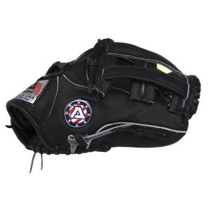 Side view of a black baseball glove with an A logo and IN USA text.