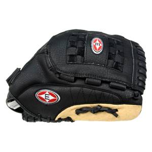 Side view of a black baseball glove with a tan palm and red and white Easton logos.
