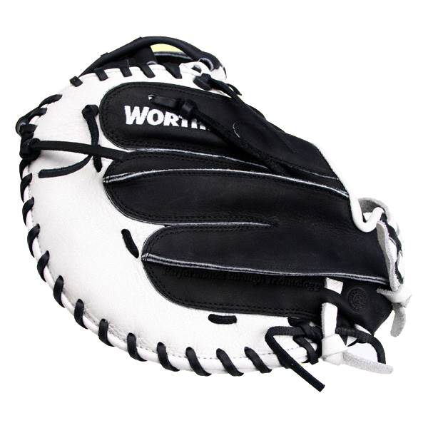 Front view of a white and black catchers mitt with WORTH. branding and black lacing.