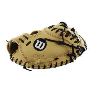 Top-down view of a tan Wilson catchers mitt with black lacing and a black W logo.