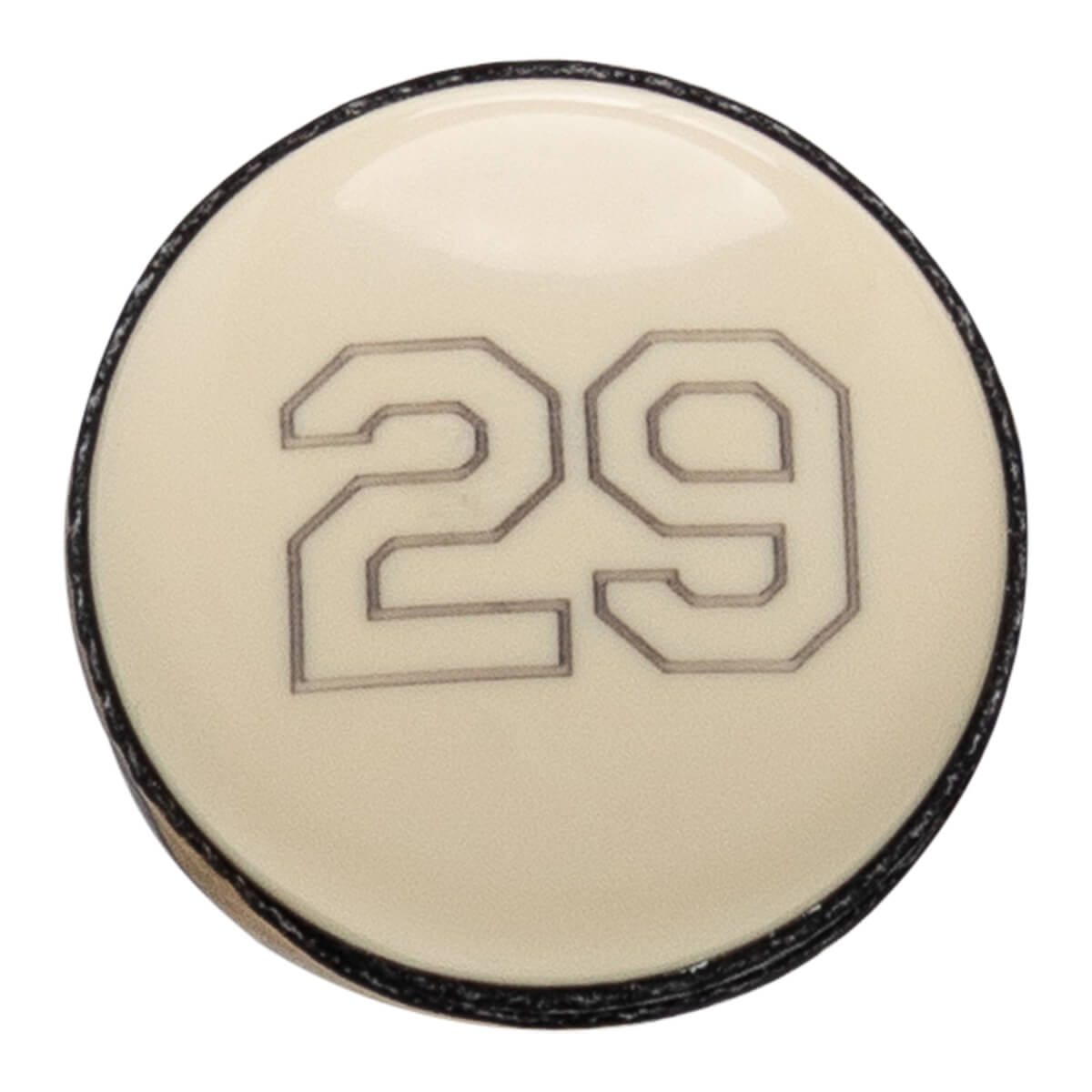 Close-up of an off-white baseball bat end cap with a black rim and the number 29 outlined in the center.
