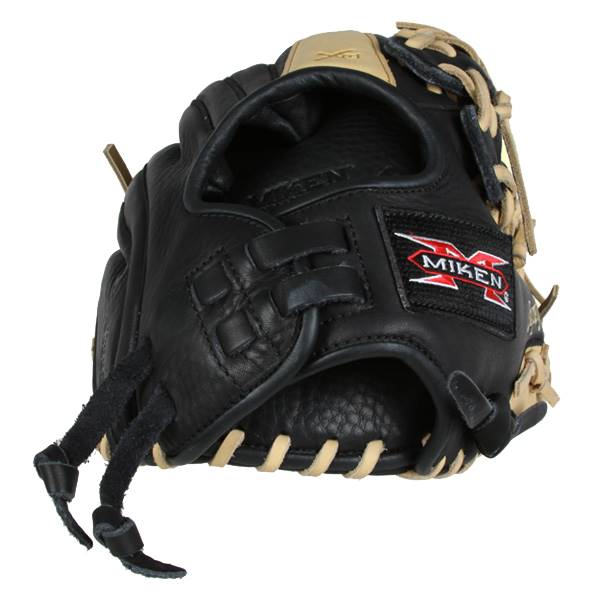 Front view of a black fastpitch glove with tan lacing and a Miken logo patch.