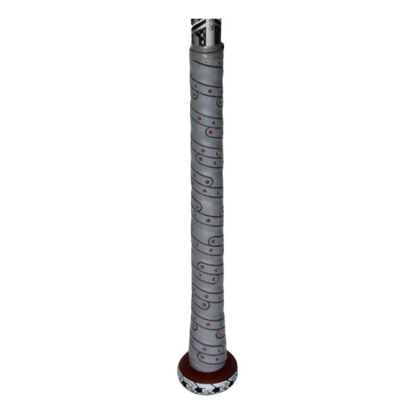 Close-up of a gray baseball bat grip with red dots and a black end cap.