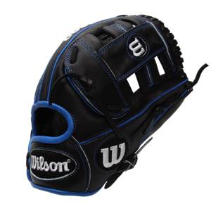 Side view of a black baseball glove with blue stitching and white Wilson branding.
