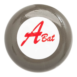 Top-down view of a gray baseball bat with a white circular logo featuring red A Bat text.
