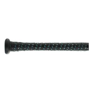 Side view of a black baseball bat with a textured grip and teal accents.