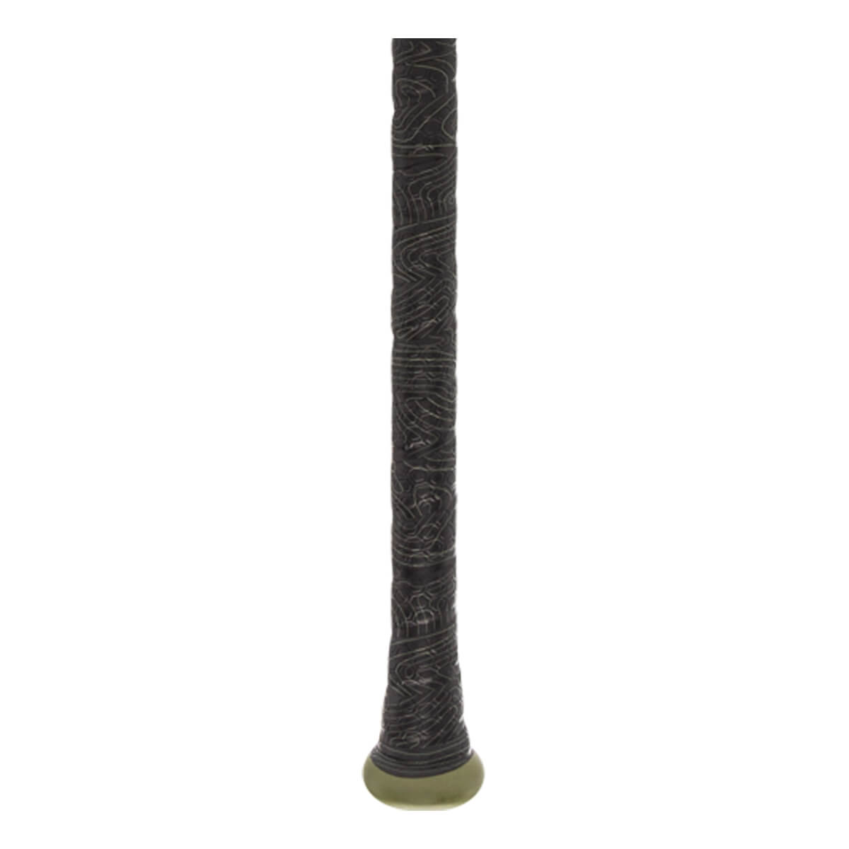 Close-up of a black baseball bat grip with a textured pattern and a green end cap.