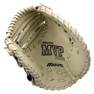 Top-down view of a cream Mizuno MVP Prime first base mitt with black MVP PRIME text and stitched finger stalls.