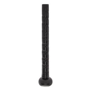 Close-up of a black baseball bat grip with a textured pattern and a black knob.