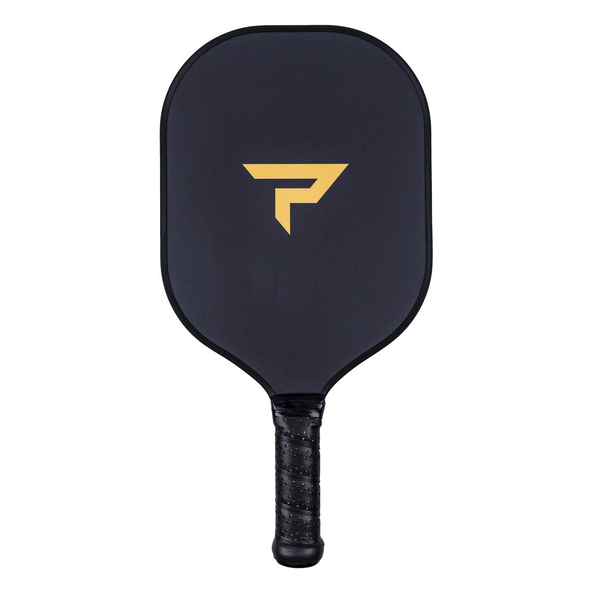 Front view of a black pickleball paddle with a yellow geometric logo and textured grip.