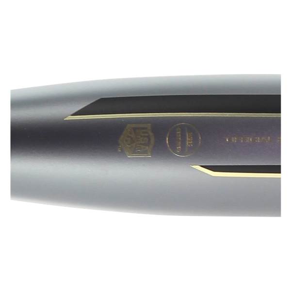 Side view of a gray softball bat with gold ASA and USSSA certifications.