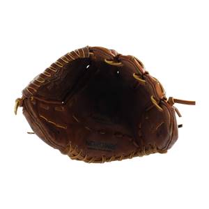 Top-down view of a brown leather baseball glove with Nokona and American Made embossed on the palm.
