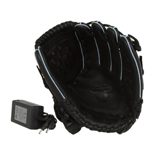 Open view of a black baseball glove with light blue stitching and a black power adapter.