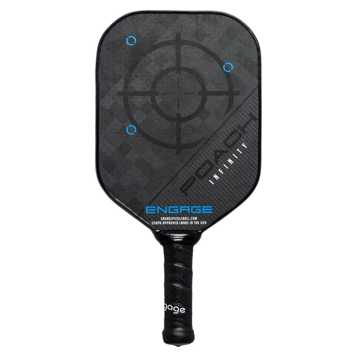 Front view of a black pickleball paddle with a target design, POACH INFINITY text, and ENGAGE logo.