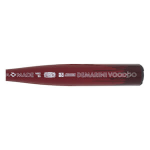 Close-up profile of the maroon barrel displaying "DEMARINI VOODOO," "-5," and "MADE" text next to a USSSA certification stamp and black dripping graphics.