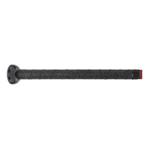 Side view of a black softball bat handle with a textured grip, rounded knob, and a red band at the end.