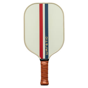 Front view of a cream pickleball paddle with red and blue stripes and WARSTIC text.