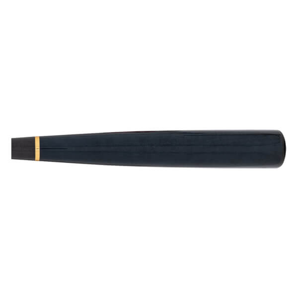 Side view of a dark blue baseball bat with a gold band near the knob.