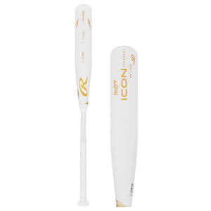 Front view of a white baseball bat with gold Rawlings logo and ICON (CARBON) -10 on the barrel.