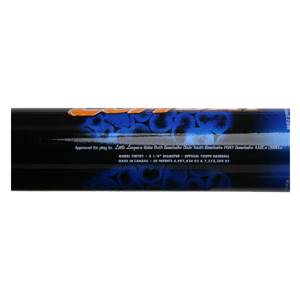 Close-up of a black youth baseball bat with blue and orange graphics, showing model VIRYBT and league approval text.