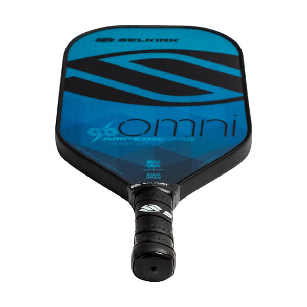 Top-down view of a blue Selkirk Amped Omni pickleball paddle with black S-shaped graphics and a textured grip.
