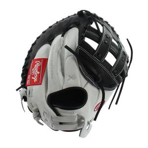 Top-down view of a black and white catchers mitt with a red Rawlings logo and white stitching.