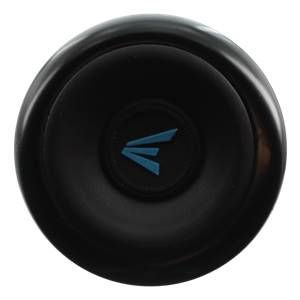 Top-down view of a black baseball bat end cap with a blue Easton logo.