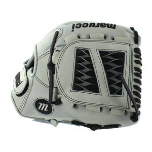 Side view of a white and black Marucci softball glove with marucci text and an M logo.