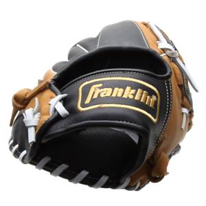 Close-up of a black and tan baseball glove with Franklin logo and white stitching.