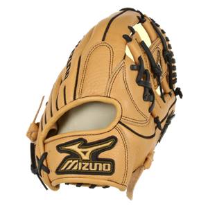 Corner view of a tan baseball glove with black lacing and a Mizuno logo.