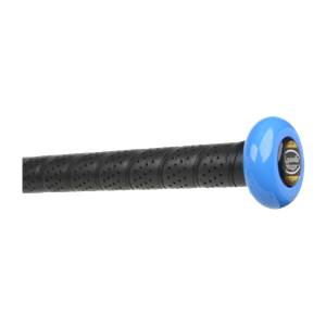 Side view of a blue Louisville Slugger bat with a black perforated grip.